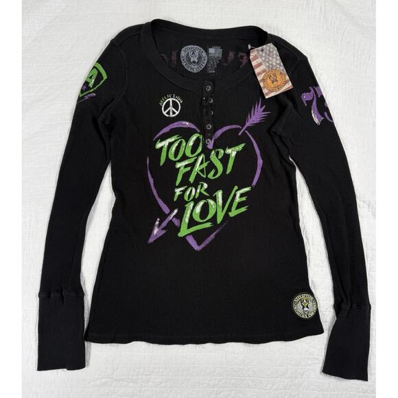 Affliction Tops - Affliction Long Sleeve Thermal Top Large Black Too Fast For Love Peace Graphic